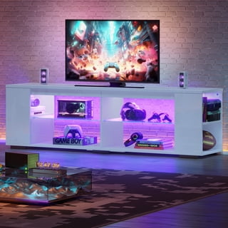 Pinmoco LED TV Stand for TVs up to 80", Gaming Entertainment Center with Side Bookshelf and 4 Open Shelves, White