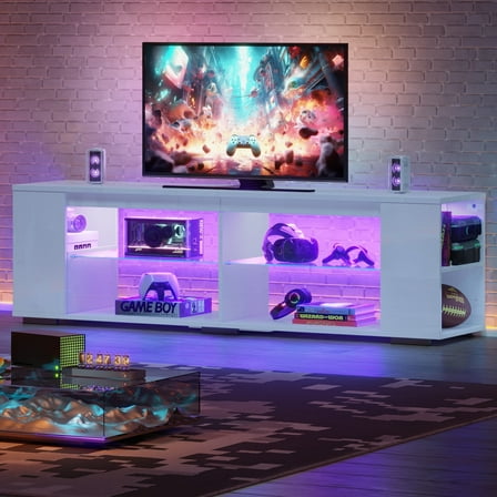 Pinmoco LED TV Stand for TVs up to 80", Gaming Entertainment Center with Side Bookshelf and 4 Open Shelves, White