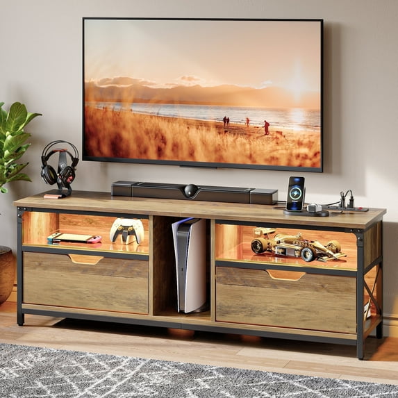 Pinmoco LED TV Stand for 30-70" TVs, Media Console with Glass Shelves, Rustic Oak