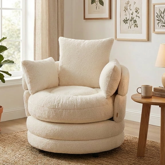 Pinmoco 360° Swivel Accent Chair Barrel Chair, Oversized Chair with 3 Pillows, Upholstered Sofa Chair for Living Room, Bedroom, Reading, Reading,Teddy Velvet Off-White