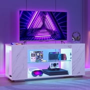 Pinmoco Marble TV Stand for TVs up to 55",LED Gaming Entertainment Center with Side Bookshelf, Marble White