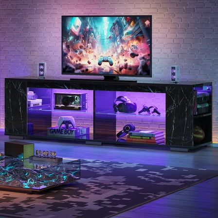Pinmoco Marble TV Stand for TVs up to 80", LED Gaming Entertainment Center with Side Bookshelf and 4 Open Shelves, Marble Black
