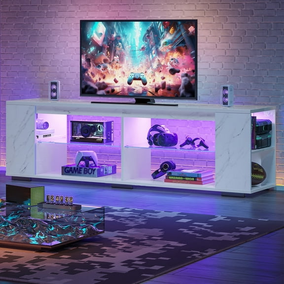 Pinmoco Marble TV Stand for TVs up to 80", LED Gaming Entertainment Center with Side Bookshelf and 4 Open Shelves, Marble White