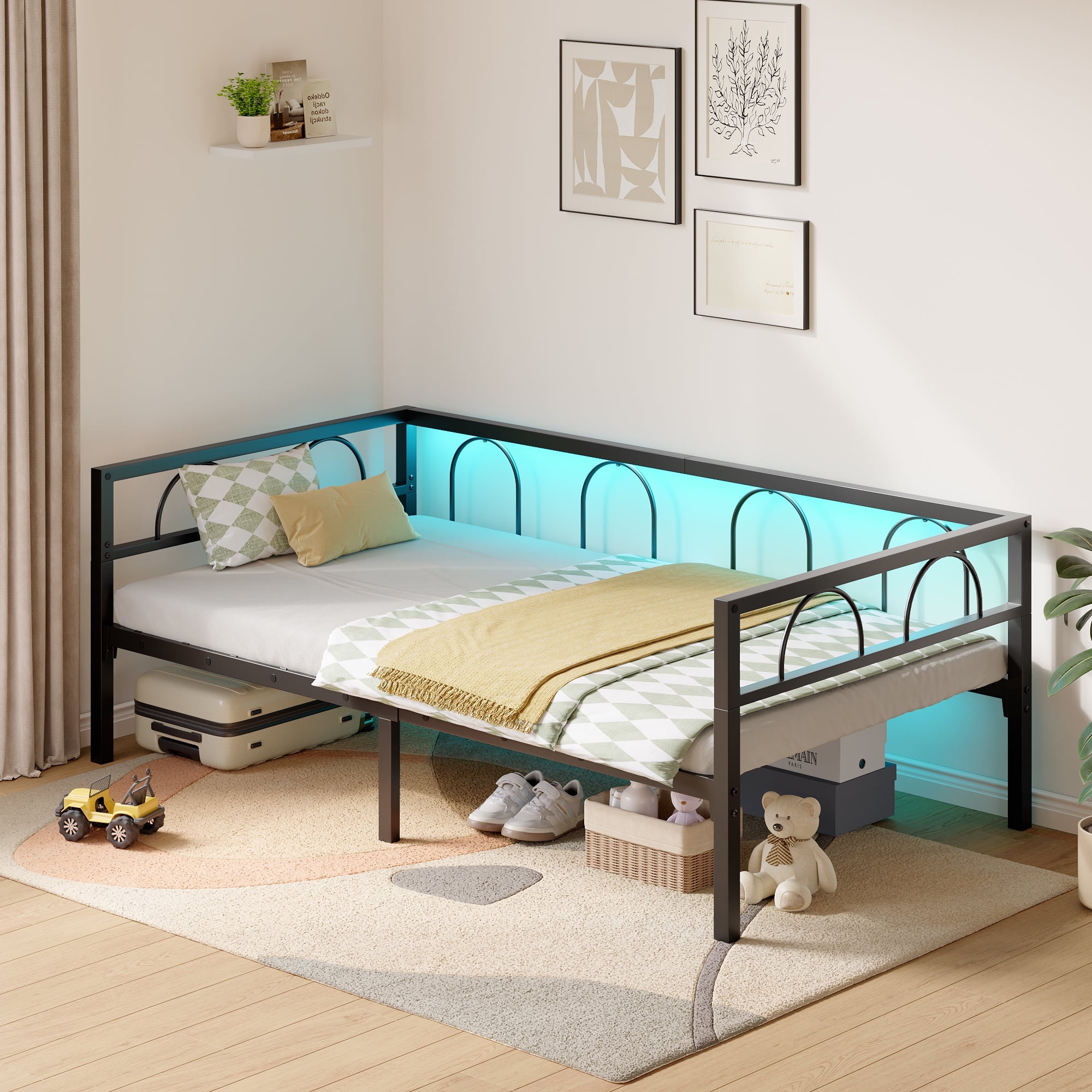 Pinmoco Metal Daybed Frame Twin Size with LED Lights, Platform Sofa Bed for Living Room, Bedroom and Guest Room, Black