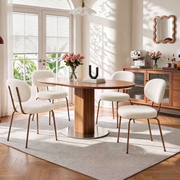 Pinmoco Upholstered Dining Chairs Set of 4, Modern Teddy Fabric Dining Room Chairs with Ergonomic Curved Backrest, Thick Padded Seat, Metal Legs, Beige
