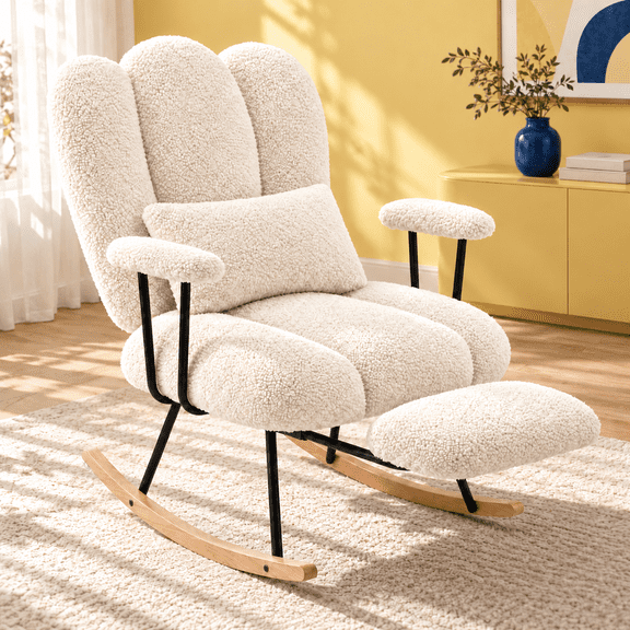 Pinmoco Rocking Chair Nursery, Teddy Fabric Glider Rocker with Retractable Footrest and Lumbar Pillow, Upholstered Nursery Rocking Chair for Living Room Bedroom, Beige
