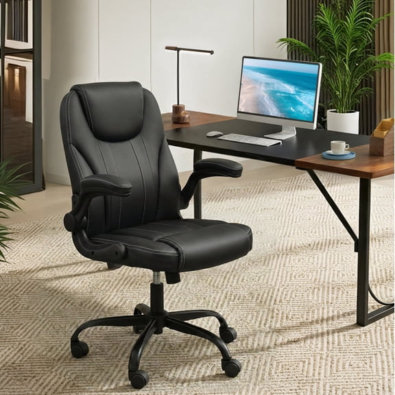 Pinmoco Ergonomic Leather Office Chair, High Back Executive PU Computer Desk Chair with Double-Layer Cushion, Swivel Gaming Chair with Wheels and Flip-Up Armrests, Black