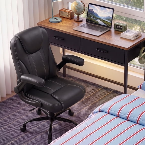 Pinmoco Ergonomic PU Leather Office Chair, High Back Executive Computer Desk Chair with Double-Layer Cushion, Swivel Gaming Chair with Wheels and Flip-Up Armrests, Black