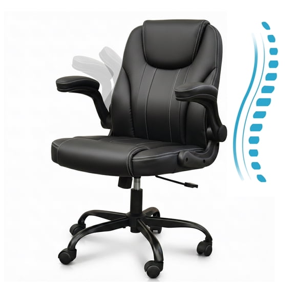 Pinmoco Ergonomic Leather Office Chair, High Back Executive PU Computer Desk Chair with Double-Layer Cushion, Swivel Gaming Chair with Wheels and Flip-Up Armrests, Black