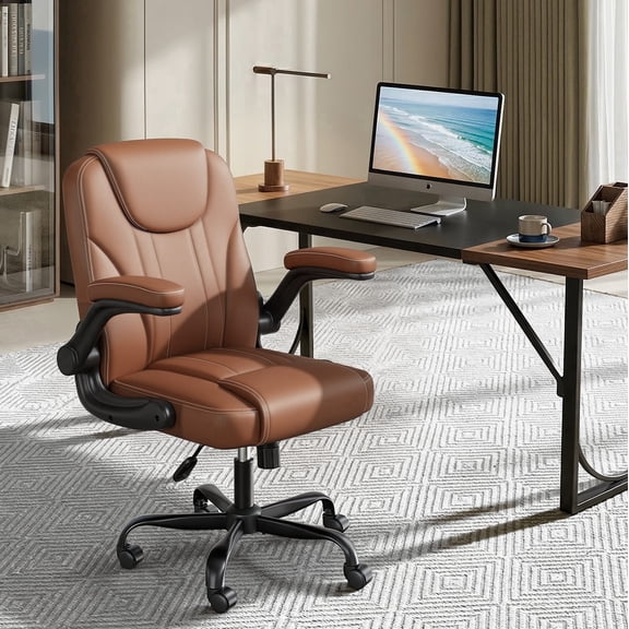 Pinmoco Ergonomic PU Leather Office Chair, High Back Executive Computer Desk Chair with Double-Layer Cushion, Swivel Gaming Chair with Wheels and Flip-Up Armrests, Brown
