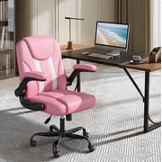 Pinmoco Ergonomic PU Leather Office Chair, High Back Executive Computer Desk Chair with Double-Layer Cushion, Swivel Gaming Chair with Wheels and Flip-Up Armrests, Pink
