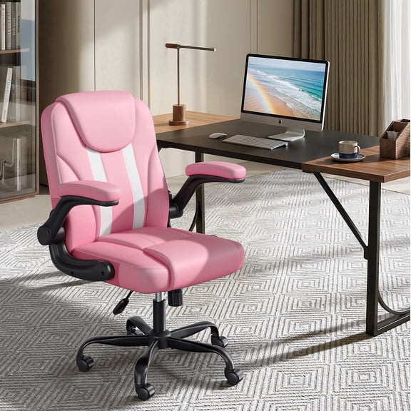 Pinmoco Ergonomic PU Leather Office Chair, High Back Executive Computer Desk Chair with Double-Layer Cushion, Swivel Gaming Chair with Wheels and Flip-Up Armrests, Pink