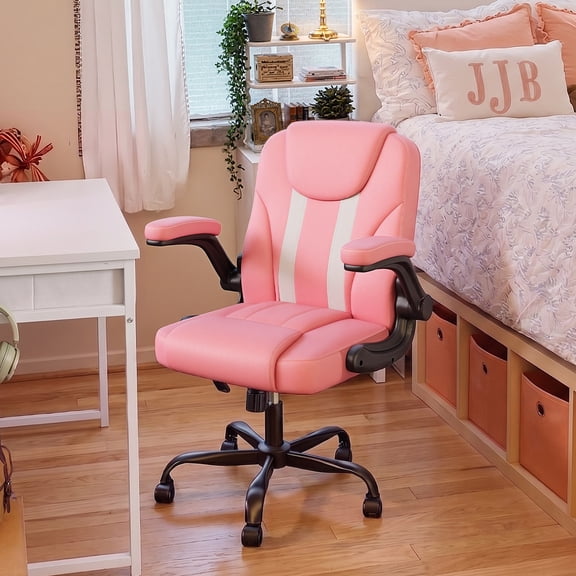 Pinmoco Ergonomic PU Leather Office Chair, High Back Executive Computer Desk Chair with Double-Layer Cushion, Swivel Gaming Chair with Wheels and Flip-Up Armrests, Pink