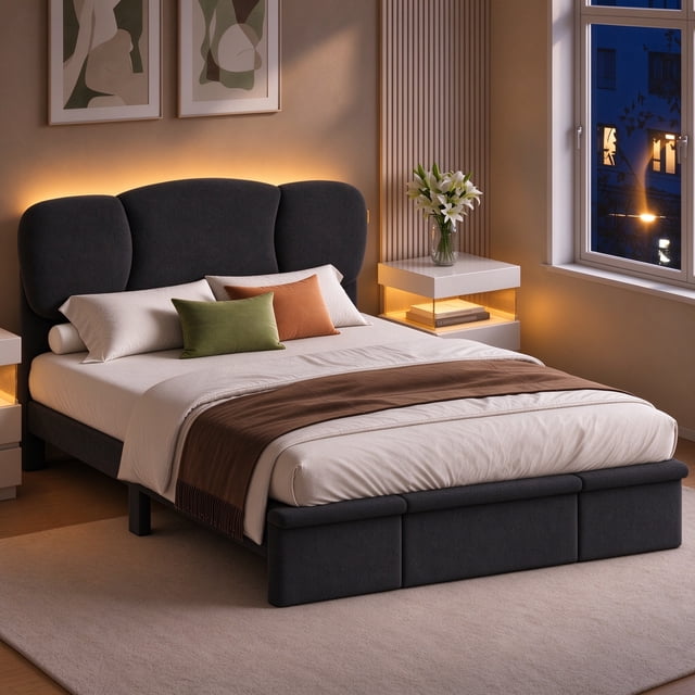 Queen Frame Pinmoco Queen Bed Frame with Adjustable Headboard, LED Chenille ...