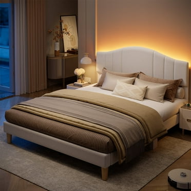 Pinmoco Queen Upholstered Bed Frame with Adjustable Arc-shaped Headboard, LED Platform Bed, Beige Fabric