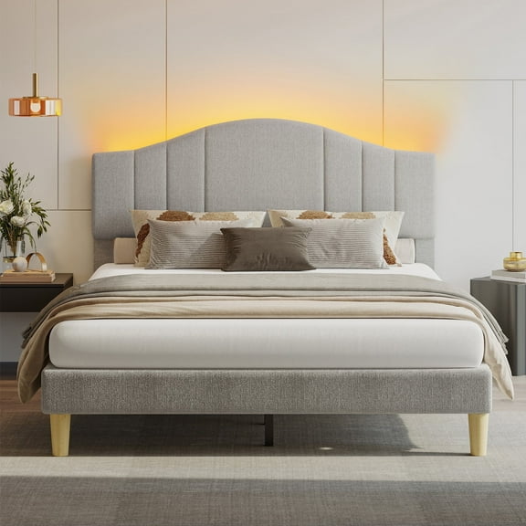 Pinmoco Queen Upholstered Bed Frame with Adjustable Arc-shaped Headboard, LED Platform Bed, Fabric Gray