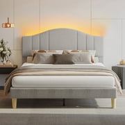 Pinmoco Queen Upholstered Bed Frame with Adjustable Arc-shaped Headboard, LED Platform Bed, Fabric Gray