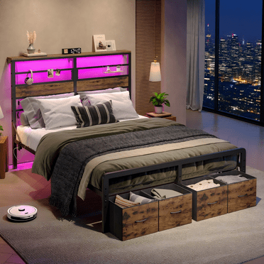 Pinmoco Queen Bed Frame with 49.2" High LED Storage Headboard and 4 Drawers, Metal Platform Bed with Charging Station, Height Adjustable, Rustic