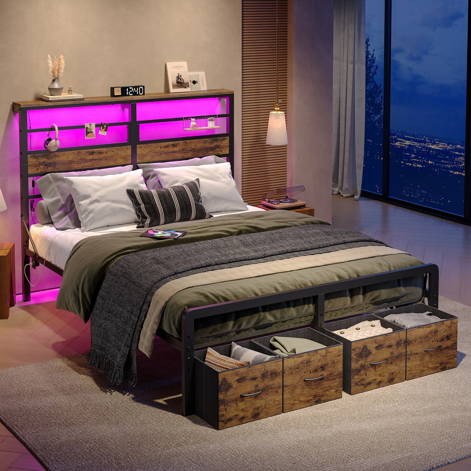 Pinmoco LED Queen Bed Frame with 49.2" High Storage Headboard and 4 Drawers, Adjustable Base Height Metal Platform Bed with Charging Station, Rustic