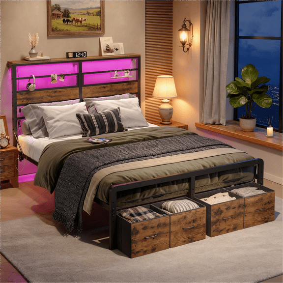 Pinmoco LED Queen Bed Frame with 49.2" High Storage Headboard and 4 Drawers, Adjustable Base Height Metal Platform Bed with Charging Station, Rustic