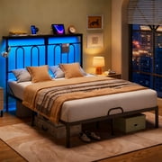 Pinmoco Queen Size Bed Frame with 49.2" High LED Storage Headboard Shelf, Metal Platform Bed with Charging Station, Black