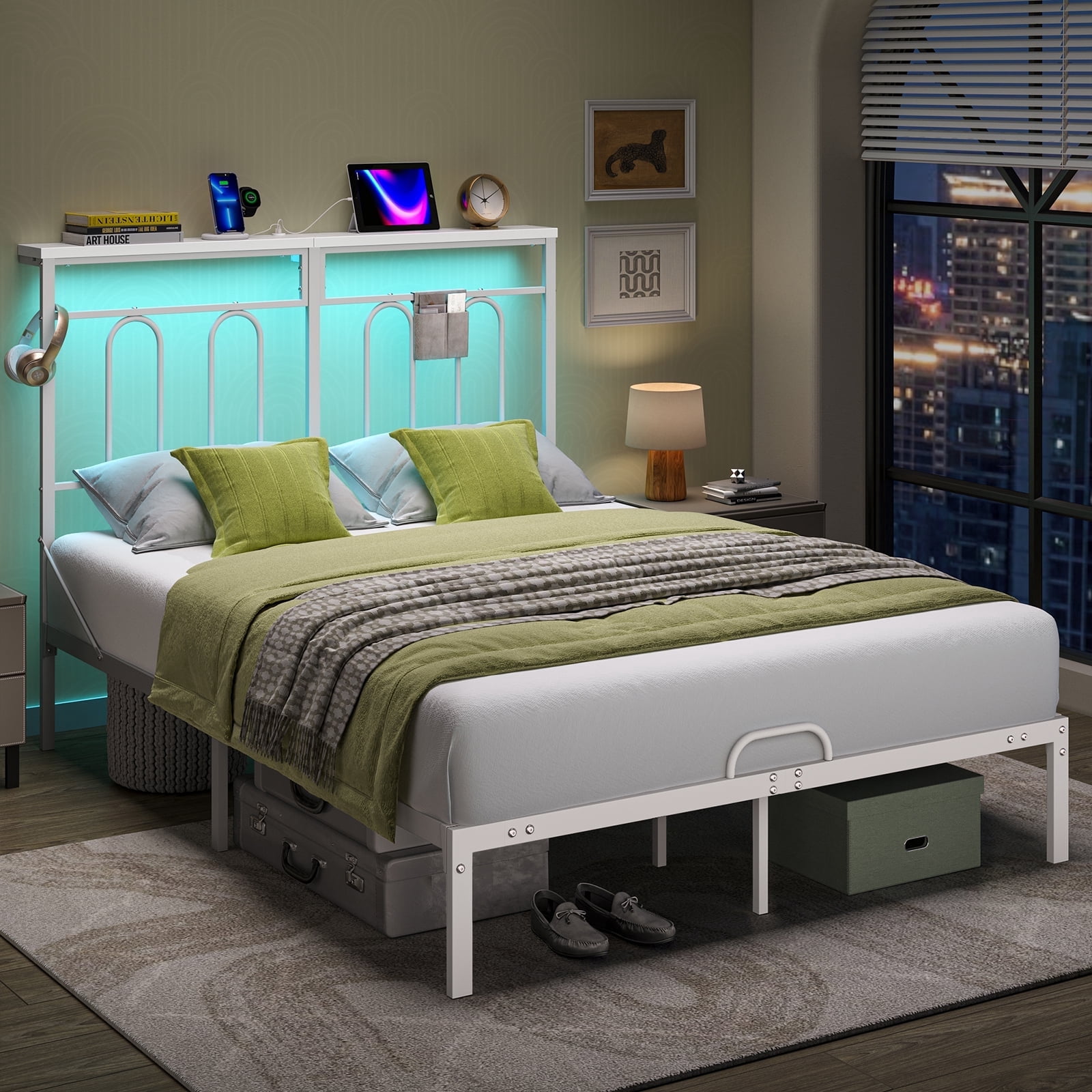 Pinmoco Queen Size Bed Frame with 49.2" High LED Storage Headboard Shelf, Metal Platform Bed with Charging Station, White