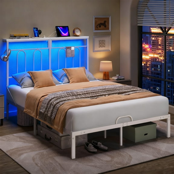 Pinmoco Queen Size Bed Frame with 49.2" High LED Storage Headboard Shelf, Metal Platform Bed with Charging Station, White