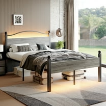 Pinmoco Queen Size Bed Frame with 16.5" Large Under Bed Storage, Metal Platform Bed with LED Headboard& Charging Station, Gray