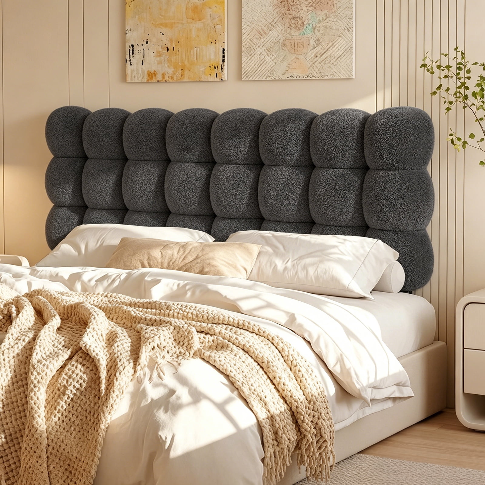 Pinmoco Queen Size Upholstered Headboard with Adjustable Height, Memory Foam Cloud-Shaped Ergonomic Design, Teddy Fleece Gray
