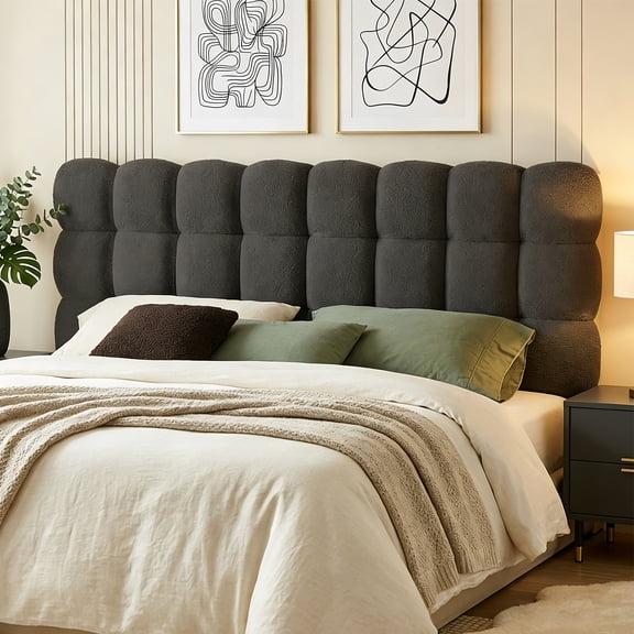 Pinmoco Queen Size Upholstered Headboard with Adjustable Height, Memory Foam Cloud-Shaped Ergonomic Design, Teddy Fleece Gray