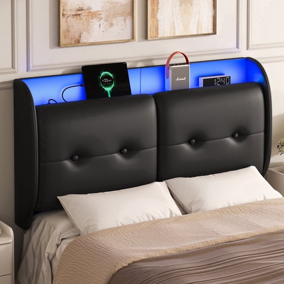 Pinmoco Queen Upholstered Headboard with Storage & Charging Station, LED Wingback Adjustable Headboard, PU Leather Headboard Only, Black