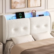 Pinmoco Queen Upholstered Headboard with Storage & Charging Station, LED Wingback Adjustable Headboard, Teddy Fabric Headboard Only, White