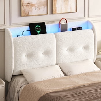 Pinmoco Queen Upholstered Headboard with Storage & Charging Station, LED Wingback Adjustable Headboard, Teddy Fabric Headboard Only, White