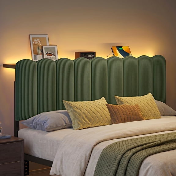 Pinmoco Queen Upholstered Headboard with Storage, LED Lights and Charging Station, Olive Green Striped Upholstery, Height Adjustable, Easy Assembly(Bed Headboard Only)