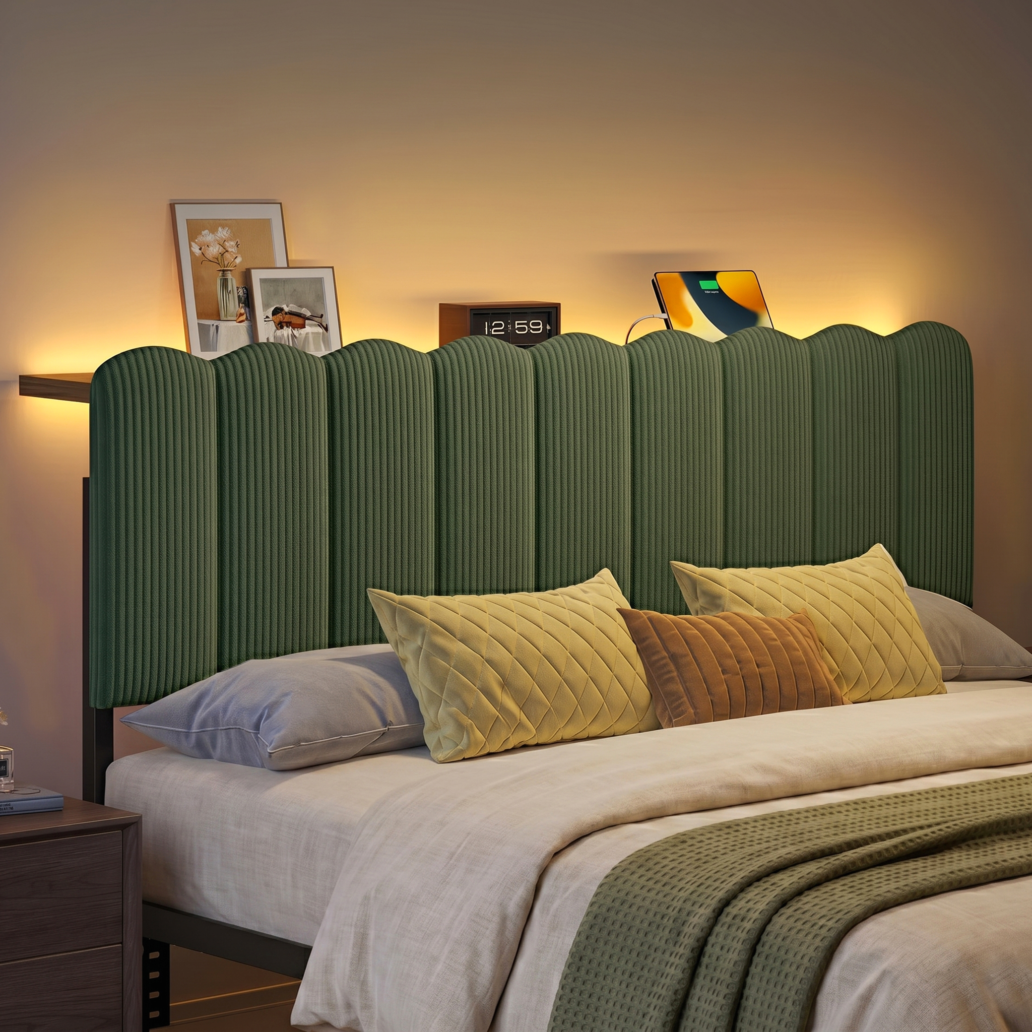 Pinmoco Queen Upholstered Headboard with Storage, LED Lights and Charging Station, Olive Green Striped Upholstery, Height Adjustable, Easy Assembly(Bed Headboard Only)