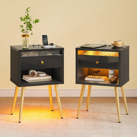 Pinmoco Set of 2 LED Nightstand with Charging Station, Modern Bedside Table with Drawer and Open Storage for Bedroom, Black
