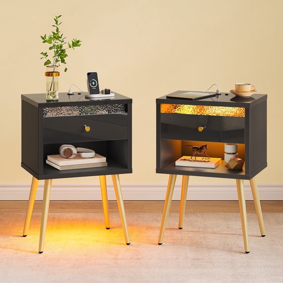Pinmoco Set of 2 LED Nightstand with Charging Station, Modern Bedside Table with Drawer and Open Storage for Bedroom, Black