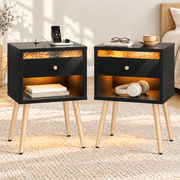 Pinmoco LED Nightstand Set of 2 with Charging Station, Modern Bedside Tables with Drawer and Open Storage for Bedroom, Black