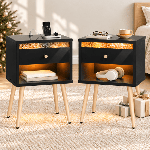 Pinmoco LED Nightstand Set of 2 with Charging Station, Modern Bedside Tables with Drawer and Open Storage for Bedroom, Black