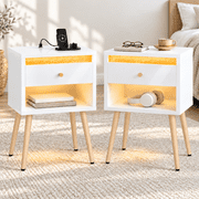Pinmoco Set of 2 LED Nightstand with Charging Station, Modern Bedside Table with Drawer and Open Storage for Bedroom, White