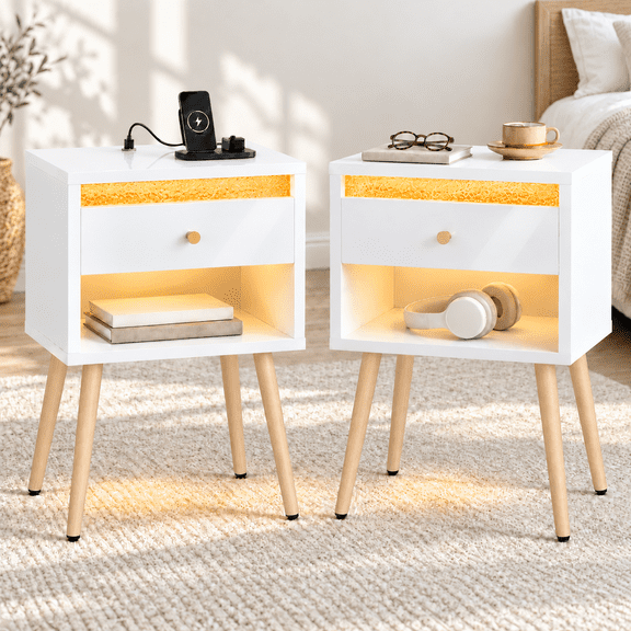 Pinmoco Set of 2 LED Nightstand with Charging Station, Modern Bedside Table with Drawer and Open Storage for Bedroom, White