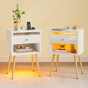 Pinmoco Set of 2 LED Nightstand with Charging Station, Modern Bedside Table with Drawer and Open Storage for Bedroom, White
