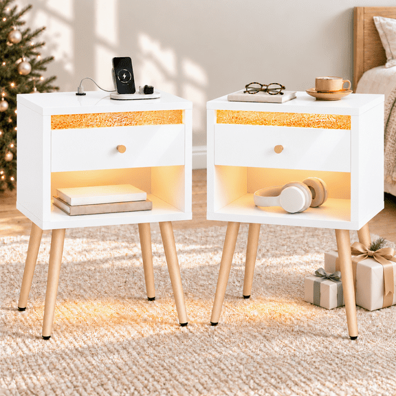 Pinmoco LED Nightstand Set of 2 with Charging Station, Modern Bedside Tables with Drawer and Open Storage for Bedroom, White