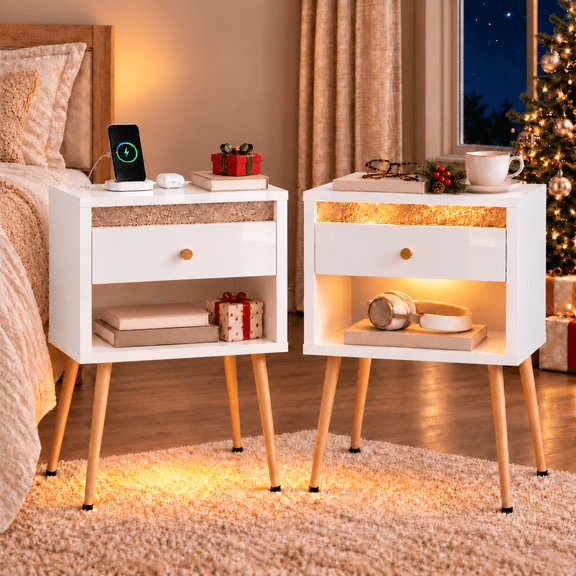 Pinmoco LED Nightstand Set of 2 with Charging Station, Modern Bedside Tables with Drawer and Open Storage for Bedroom, White