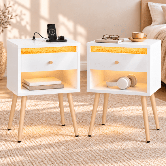 Pinmoco Set of 2 LED Nightstand with Charging Station, Modern Bedside Table with Drawer and Open Storage for Bedroom, White