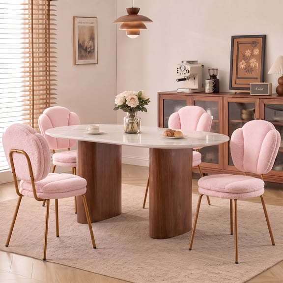 Pinmoco Upholstered Dining Chairs Set of 4, Mid Century Modern Dining Room Chairs, Tulip Kitchen Table Chairs with Metal Legs, Teddy Fabric, Pink