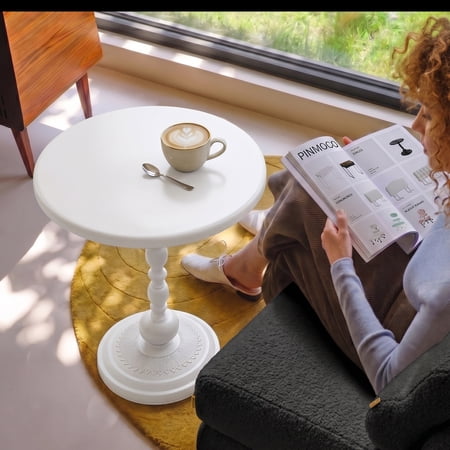 Pinmoco Round Side Table, Metal End Table, Anti-Rust and Waterproof Small Coffee Table for Living Room Bedroom Balcony, White
