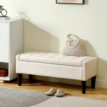 Pinmoco 42" Linen Storage Bench with Safety Hinge Upholstered Tufted Entryway Bench for Living Room or Bedroom, Beige