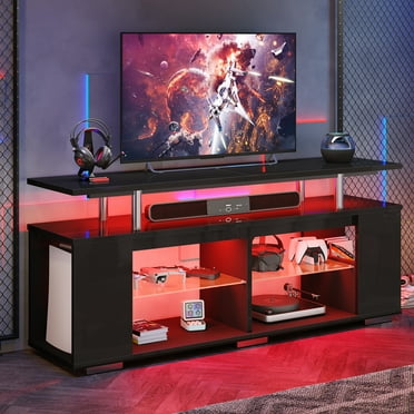 Pinmoco LED TV Stand for TVs up to 70", High Gloss Large Gaming Entertainment Center with Adjustable Shelf PS5 Storage TV Cabinet, Black