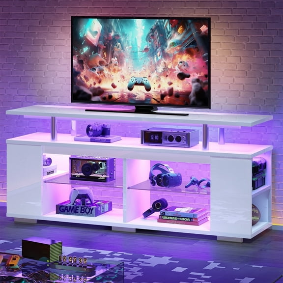 Pinmoco LED TV Stand for TVs up to 70", High Gloss Large Gaming Entertainment Center with Adjustable Shelf PS5 Storage TV Cabinet for Living Room, Bedroom, Game Room, White